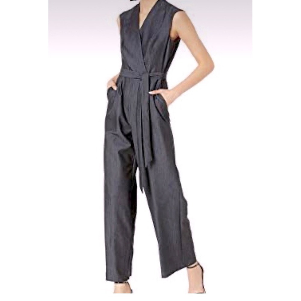 Calvin Klein Jumpsuit Womens 2 Grey NWT Wide Leg Wrap V-Neck Belted Sleeveless